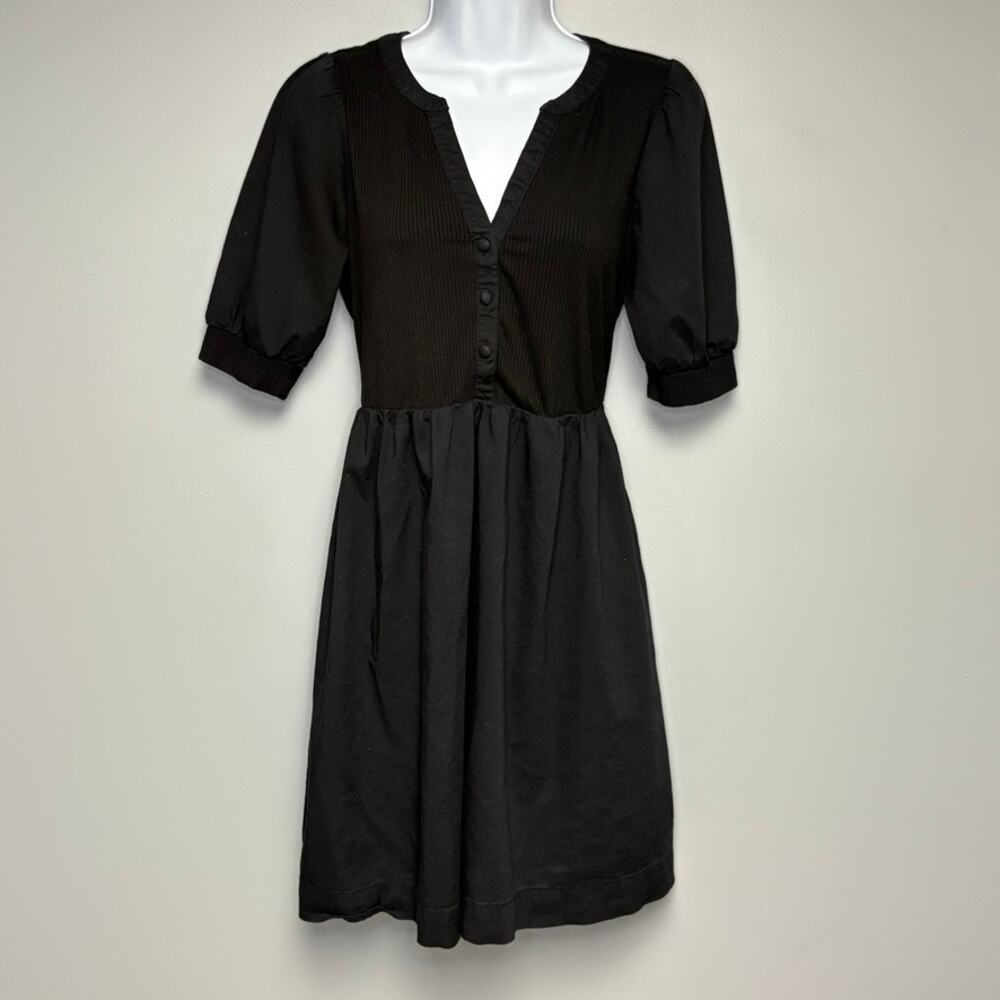 Loft Puff Sleeve Black Casual Minimalist V-Neck Boho Peasant Mini Dress Sz XS